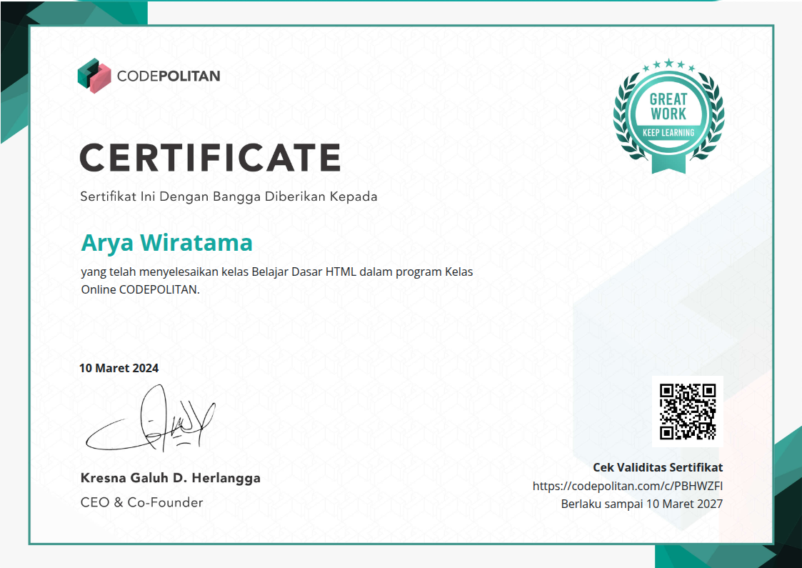 Codepolitan HTML Certificate
