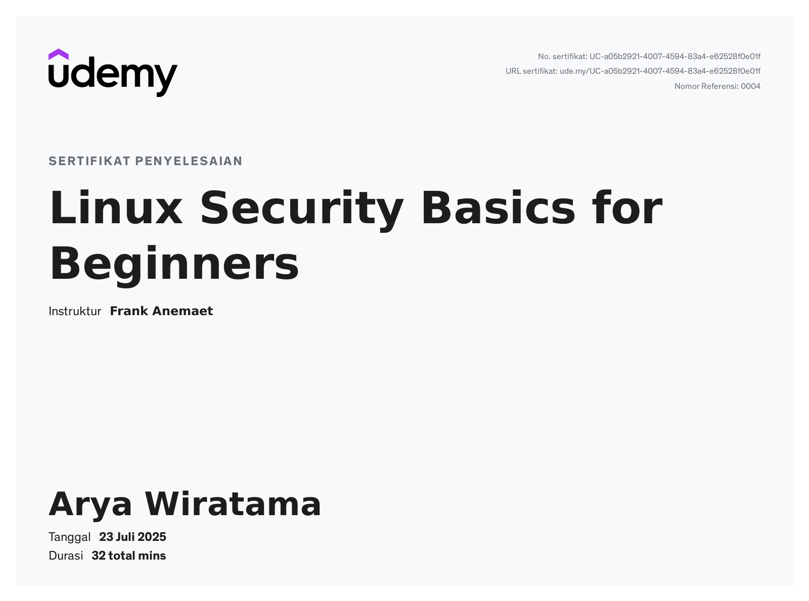 Linyux Security Basics Udemy Certificate